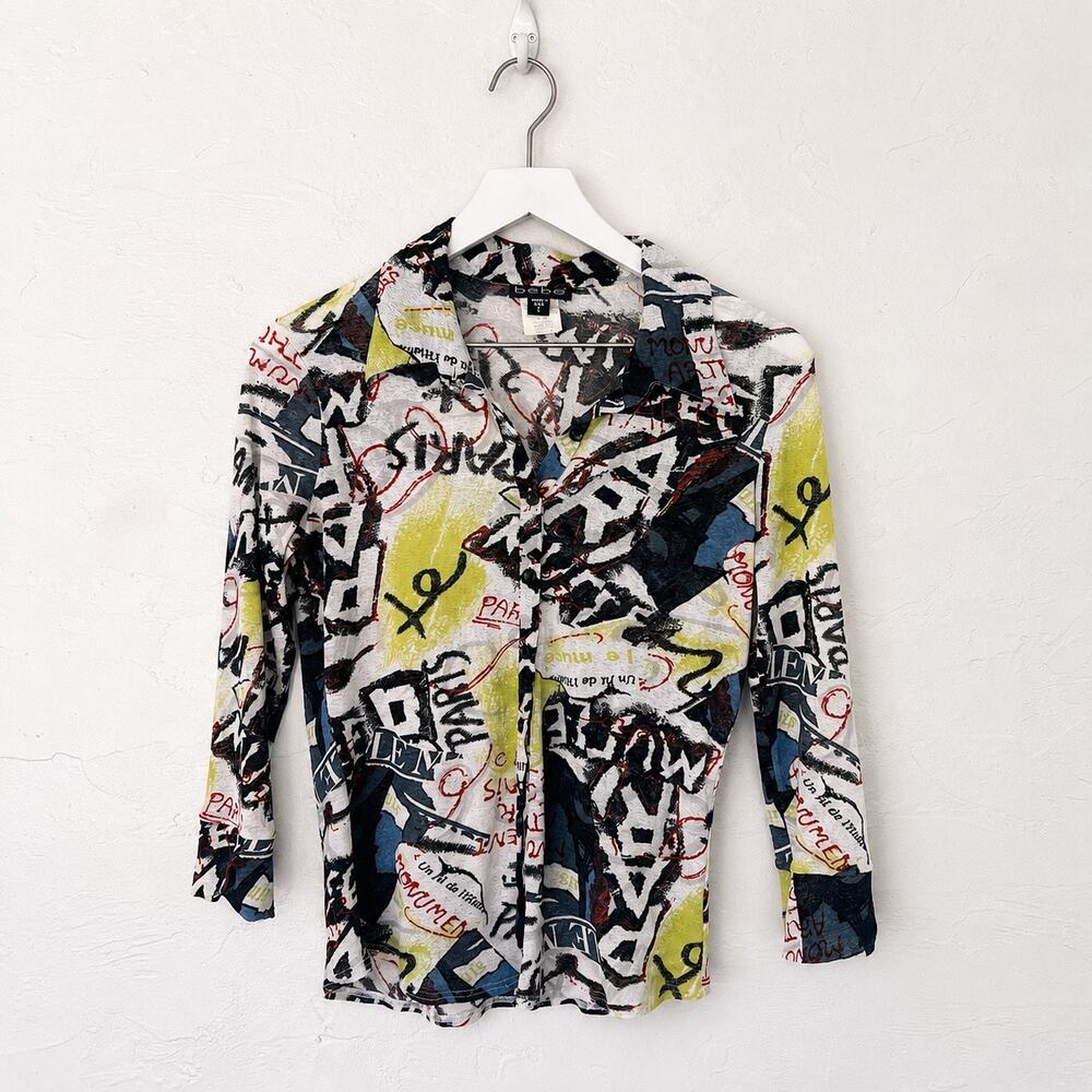 bebe Paris Graffiti Print Button Front Blouse Size L Y2K Streetwear Art Top